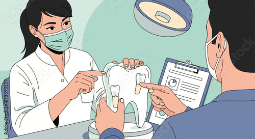 A masked dentist professionally explains various dental procedures and treatment options, utilizing a detailed anatomical tooth model, to a male patient.