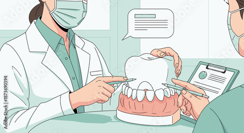 Dentist in a face mask meticulously clarifies complex dental procedures and proper oral care to an attentive patient with a large anatomical model.