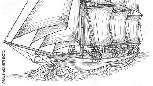Vintage Sailing Ship Illustration Detailed Drawing.