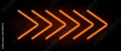 Orange neon arrow element. Warm glowing led direction sign. Shine tube lamps in arrowhead shape. Bright luminous fluorescent pointer effect for banner, poster, logo. Vector neon led light illustration