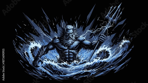 Mythical Poseidon Emerging from Ocean Waves.