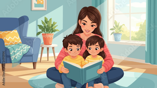 Mother Reading Book to Children on Floor.