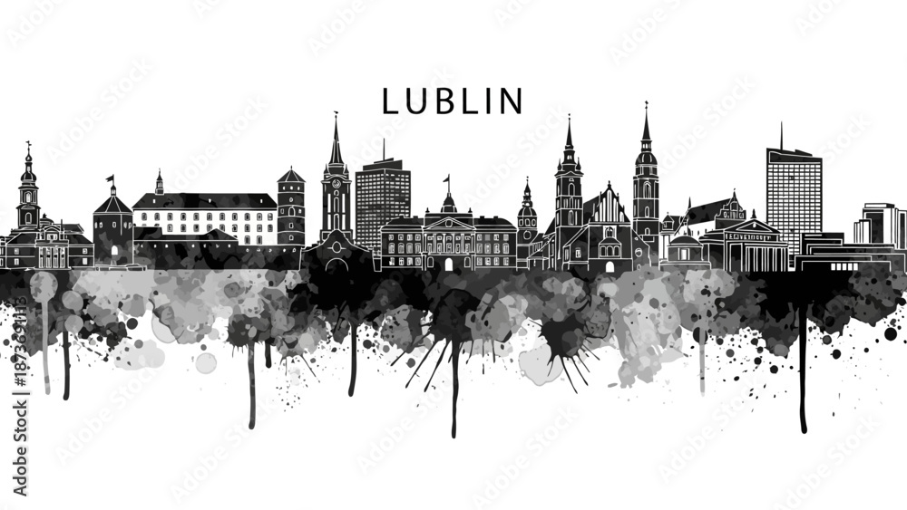Naklejka premium Lublin City Skyline Watercolor Illustration Design.