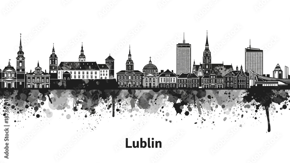 Obraz premium Lublin City Skyline Black White Illustration.