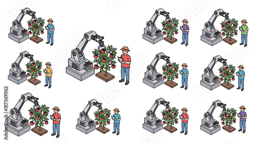 Robotic Harvesting Assistant Working with Farmer in Smart Greenhouse, Collaborative Automation Vector Illustration