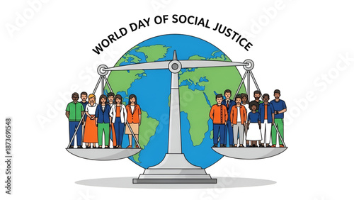 Social justice global equality illustration showing balanced scale with diverse people and world map representing fairness inclusion human dignity and equal rights awareness