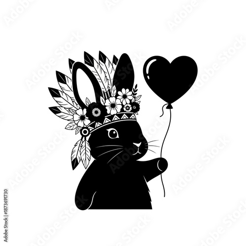 Cute Tribal Bunny Headdress Heart Balloon Vector Tattoo