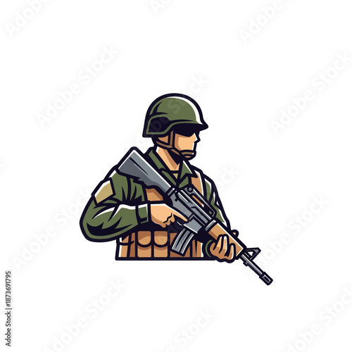 Military Soldier with Rifle, Ready for Combat, Green Uniform, Helmet, Vest