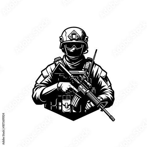 Modern Soldier with Rifle, Tactical Gear, Black and White Illustration