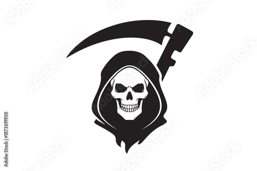 Grim reaper figures with scythes depicted silhouette isolated on white background
