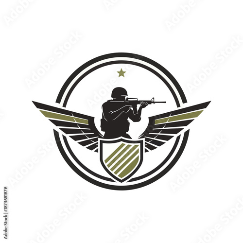 Military Soldier Emblem with Wings and Shield - Vector Logo
