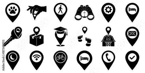 Set of vector silhouettes of people in different poses and situations used as simple icons for web design navigation business and location elements