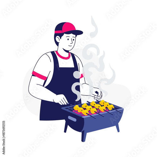 Male street food vendor grilling chicken satay or kebab skewers on a smoking charcoal grill vector illustration