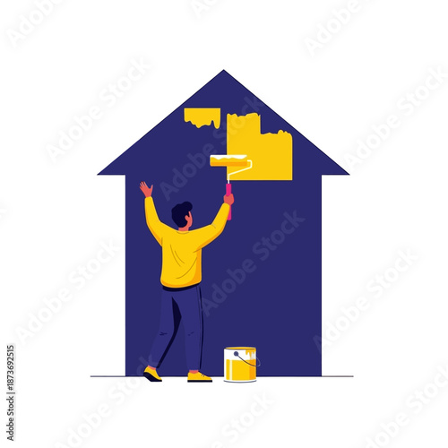 Rear view of a man painting a house wall with yellow paint using a roller vector illustration isolated on white background