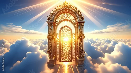 A golden, ornate archway floats amidst clouds, bathed in celestial light, leading to an unknown realm