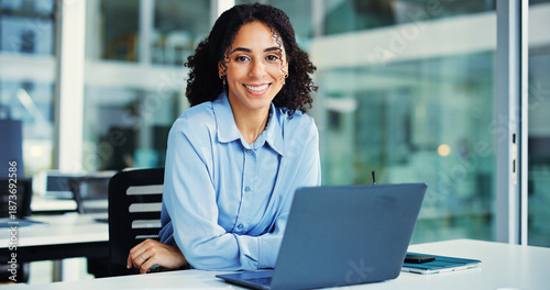 Obraz na plátne Happy, laptop and portrait of businesswoman in office with confidence for finance career