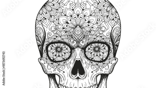 Intricately Designed Human Skull with Ornate Patterns.