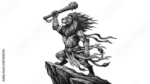 Illustration of Strong Lion Warrior with Hammer.