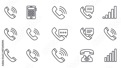 Collection of simple line icons representing telephones and communication.