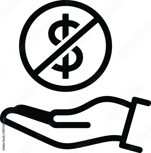 Black line vector icon of hand with crossed out dollar sign, symbolizing no fee, free service, bankruptcy, or financial crisis