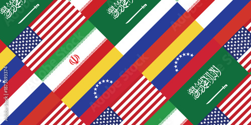 World oil industry background. Flags of the largest oil producing countries. Oil rig pumpjack background. Petroleum industry. Crude oil