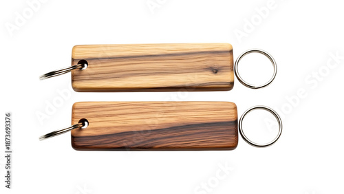 Two wooden keychains with metal rings on white background