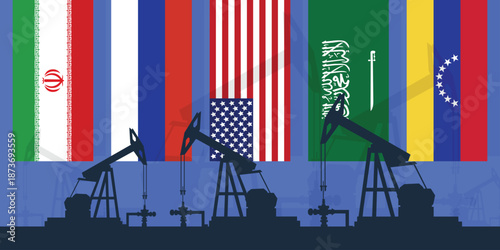 World oil industry background. Flags of the largest oil producing countries. Oil rig pumpjack background. Petroleum industry. Crude oil