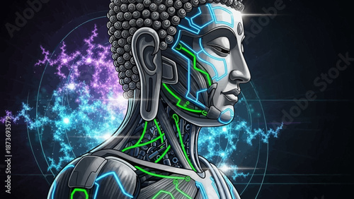 Futuristic Digital Illustration of Buddha Statue.