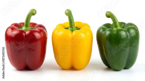 A vibrant still life showcases three bell peppers displaying a striking contrast of red yellow and green hues neatly arranged