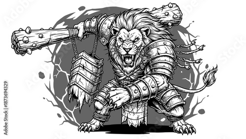 Illustration of Lion Wearing Medieval Armor.