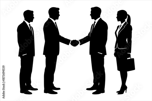 Silhouettes of business people shaking hands for dealing partnership agreement vector design set. Business negotiation dealing scene. Corporate partnership silhouette vector. Corporate collaboration.