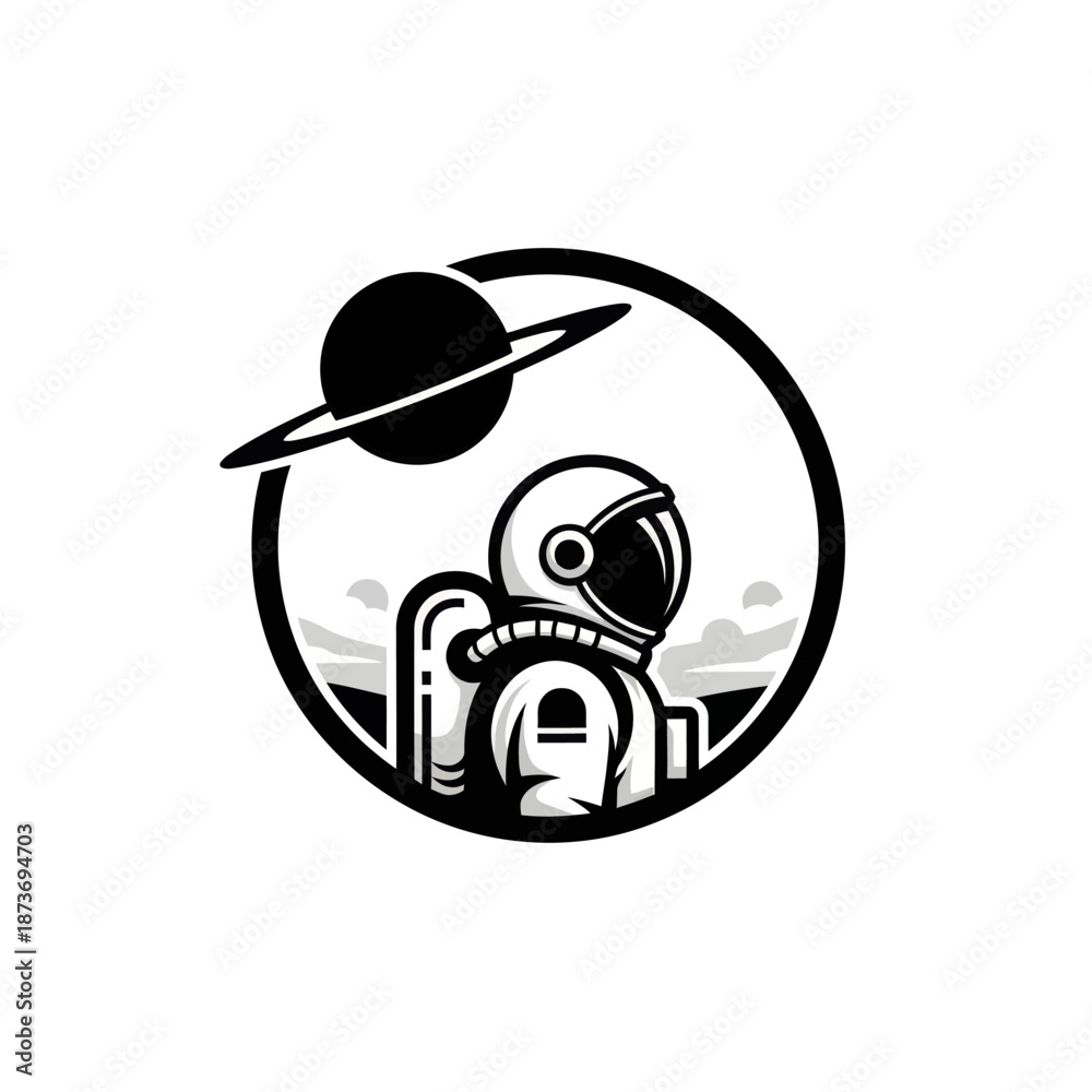 Obraz premium Astronaut in Space Suit with Saturn-like Planet and Ring, Circular Emblem