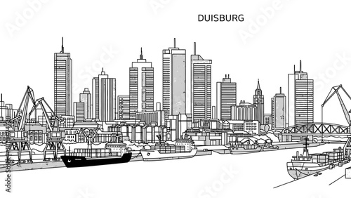 Duisburg City Skyline with Ships and Cranes.