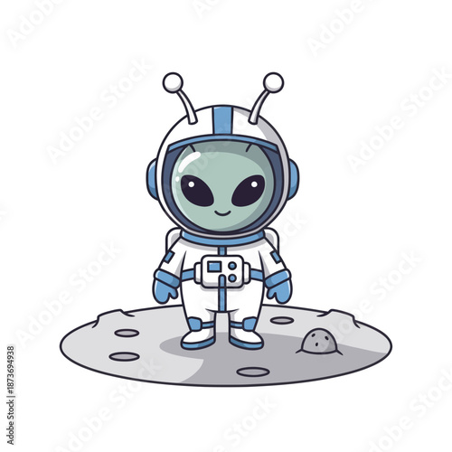 Cute Alien Astronaut on Moon Surface, Cartoon Character, Space Adventure