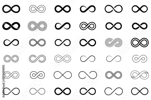 set of infinity icons vector, infinity symbol and sign. Infinity icon set filled and line style. 36 icons vector illustration.