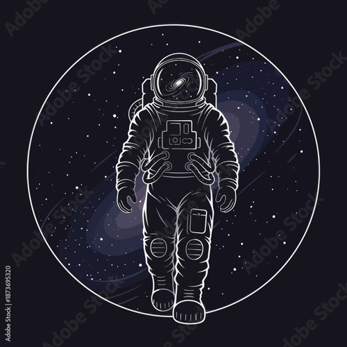 Astronaut walking in space, galaxy background, science fiction illustration