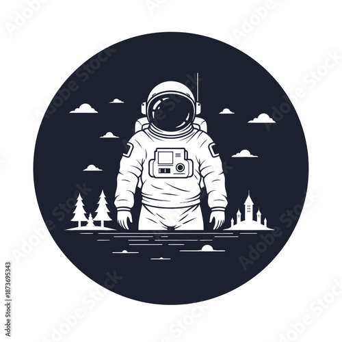 Astronaut standing in surreal landscape with clouds, trees, and futuristic city outline