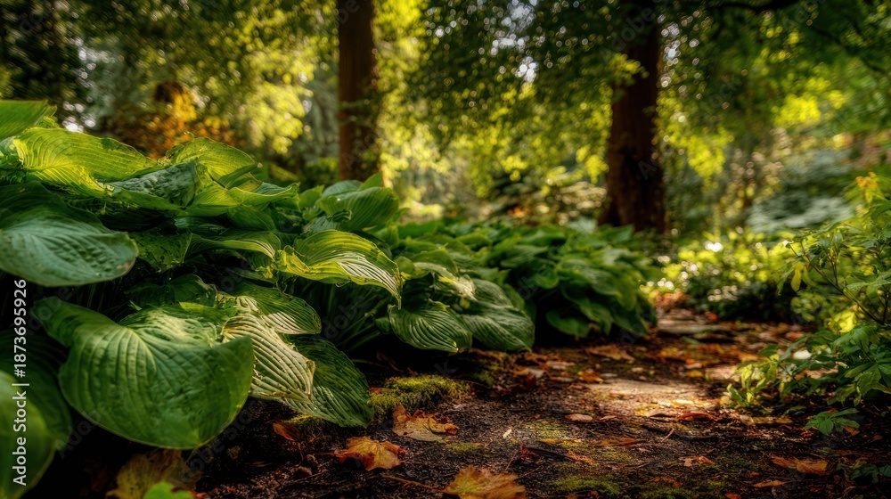 Fototapeta premium Lush greenery lines a sunlit garden path, showcasing vibrant foliage and dappled sunlight.