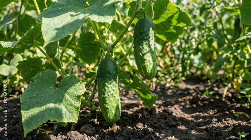 Obraz premium A vibrant garden scene showcases flourishing cucumber plants with several developing fruits hanging amongst lush green foliage and dark soil