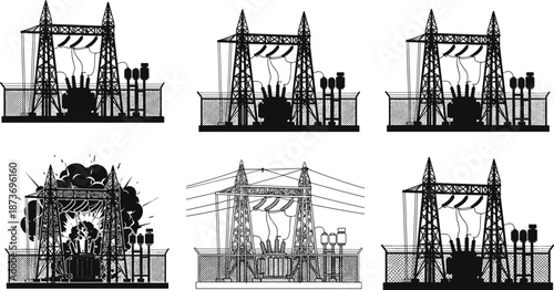 Electrical power substation silhouettes set showing transformers and high voltage equipment isolated on white background industrial energy infrastructure illustration