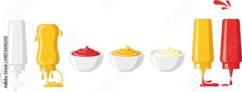 Ketchup Mustard and Mayonnaise Sauces in Bottles and Bowls Food Condiment Flat Vector Illustration