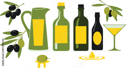 Olive Oil Bottles and Jug with Olives Branches Mediterranean Healthy Cooking Ingredient Flat Vector Illustration