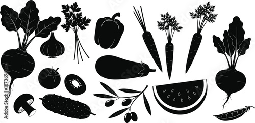 Vegetable Silhouette Collection with Fresh Produce Shapes Healthy Food Farm Ingredients Black Flat Vector Illustration