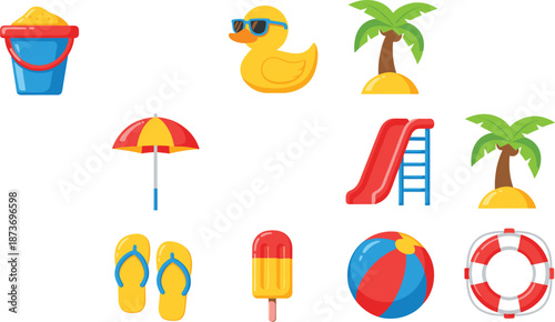 Summer Beach and Pool Icons Set with Duck Umbrella Slide Palm Tree Flat Vector Illustration