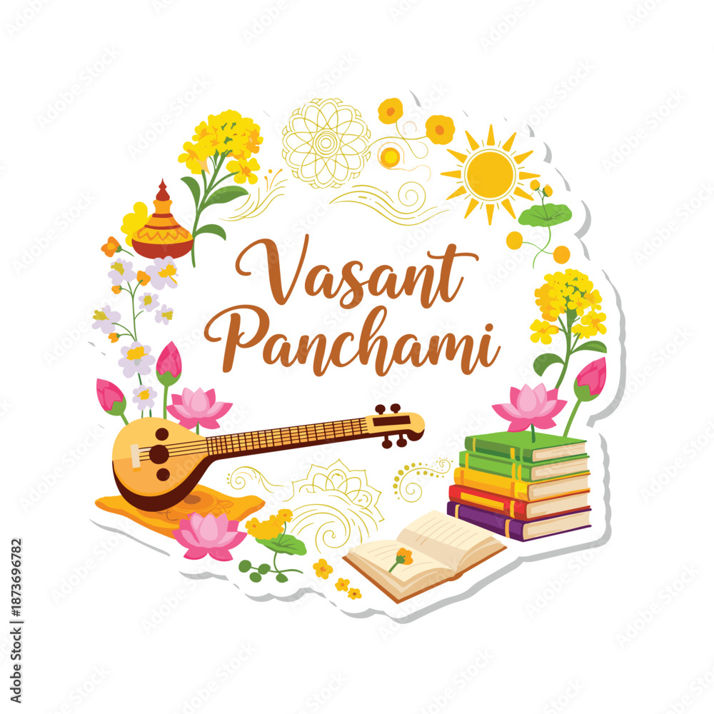 Naklejka premium Colorful Vasant Panchami celebration with flowers books and musical instruments yellow