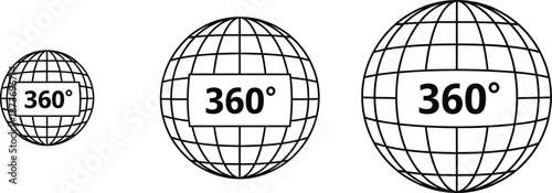 360 Degree View Globe Icons Set with Spherical Grid Panorama Rotation Flat Vector Illustration
