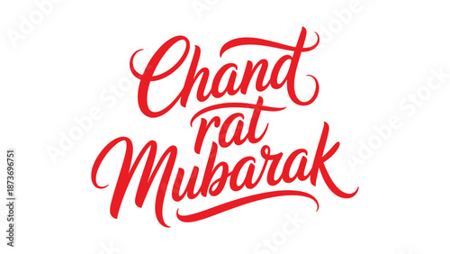 Chand raat mubarak red hand lettering typography isolated on white background, elegant islamic greeting calligraphy design for eid night celebration