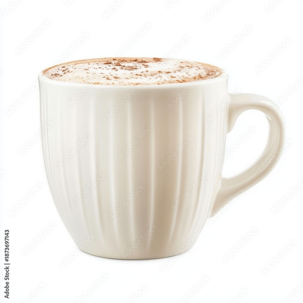 Fototapeta premium Creamy cappuccino in elegant white ceramic mug with cinnamon sprinkle isolated on clean background