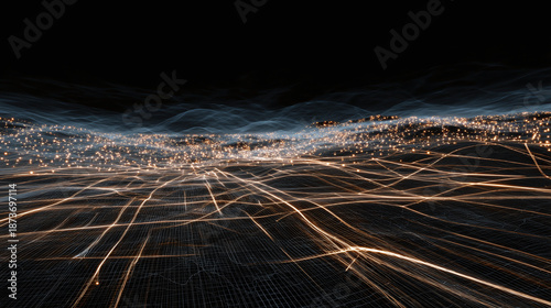 An abstract representation of a city at night, with light trails creating a sense of movement. The cityscape features numerous glowing lights and lines, suggesting networks and connections