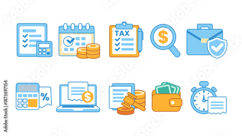 Collection of modern line icons related to tax invoice billing payment accounting and financial documentation systems